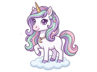 Cartoon unicorn with a colorful mane and tail on a white background