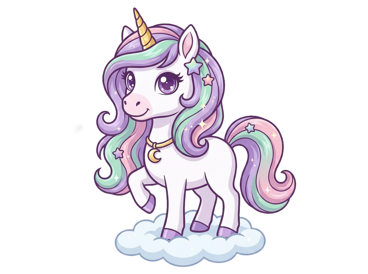 Cartoon unicorn with a colorful mane and tail on a white background