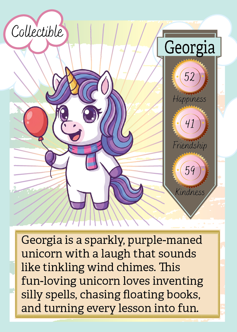 Cartoon unicorn character with stats and description on a colorful background