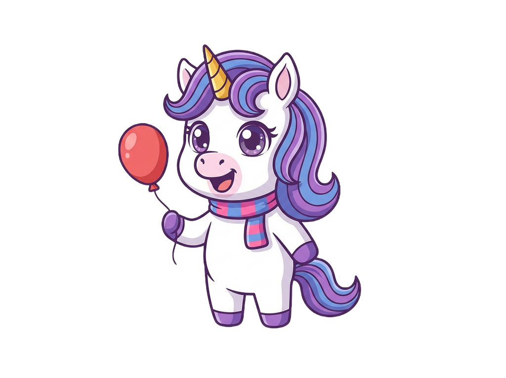 Cartoon unicorn with a red balloon on a transparent background