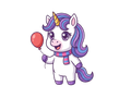 Cartoon unicorn with a red balloon on a transparent background
