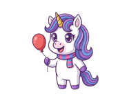 Cartoon unicorn with a red balloon on a transparent background