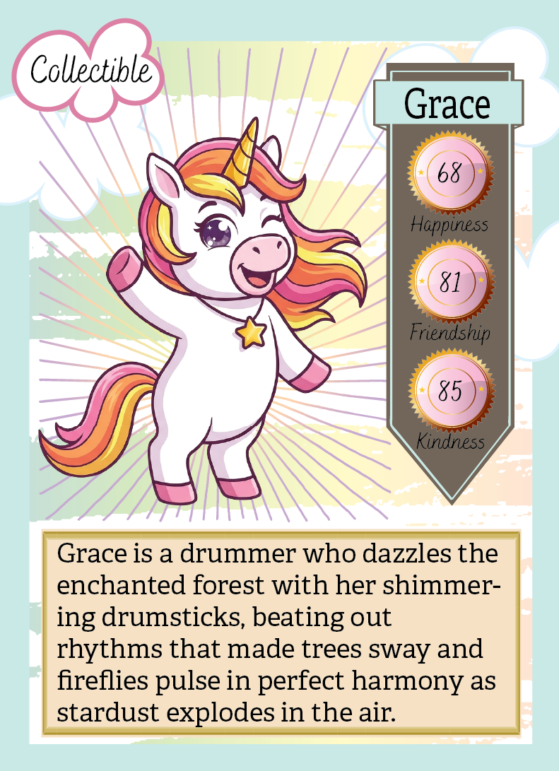 Collectible card featuring a unicorn named Grace with stats and description.