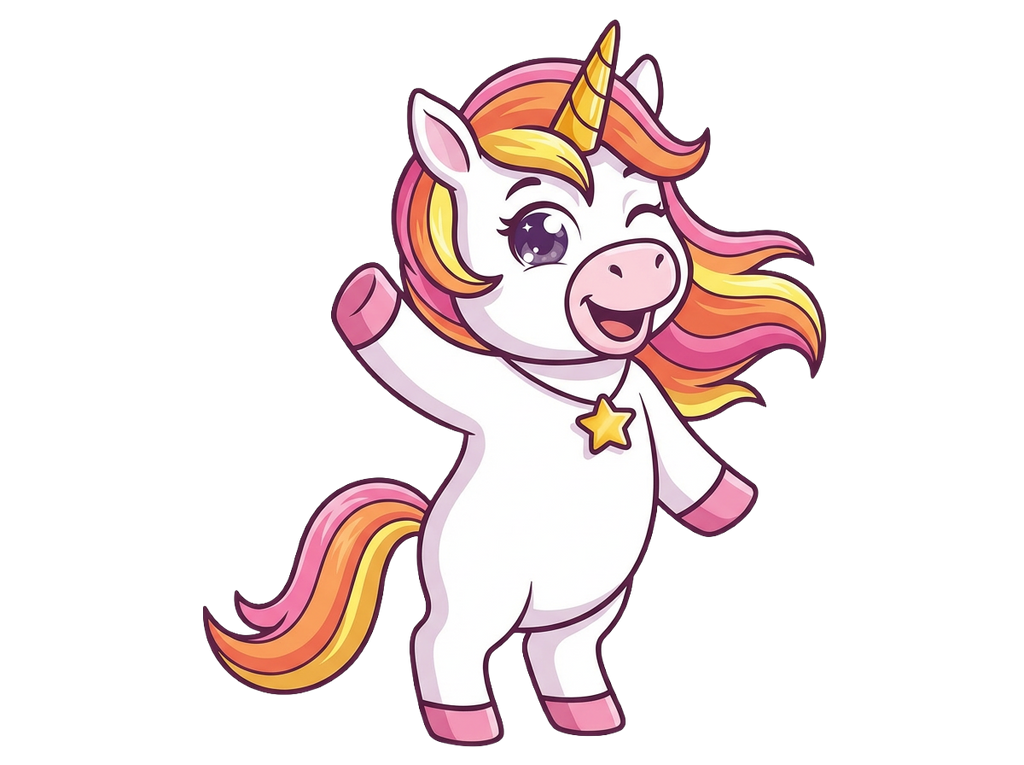 Cartoon unicorn with a rainbow-colored mane and tail on a white background