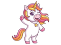Cartoon unicorn with a rainbow-colored mane and tail on a white background