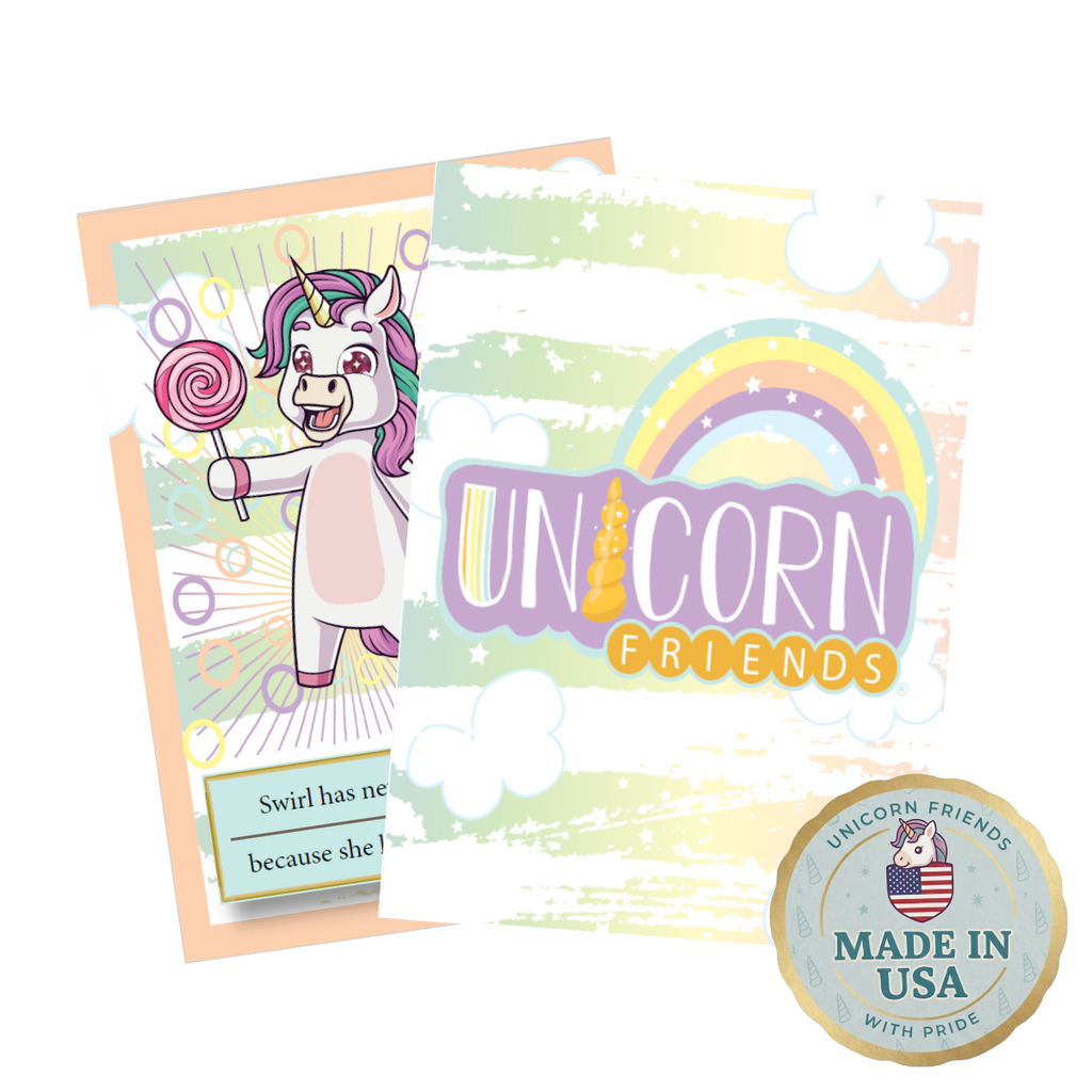 Unicorn-themed product packaging with a unicorn character, rainbow, and 'Unicorn Friends' branding.