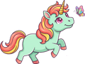 Colorful cartoon unicorn with a butterfly on a white background