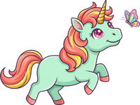 Colorful cartoon unicorn with a butterfly on a white background
