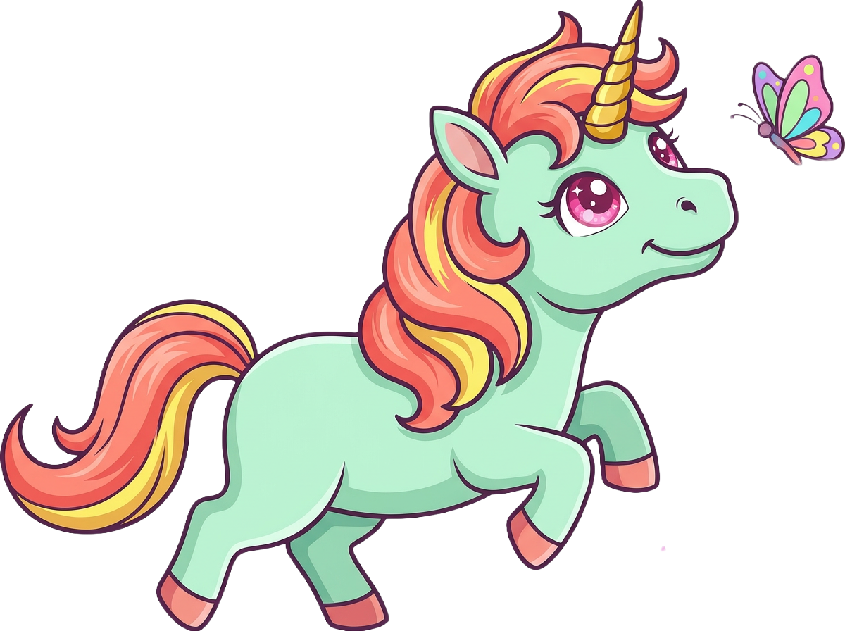 Colorful cartoon unicorn with a butterfly on a white background