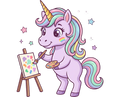 Cartoon unicorn painting on an easel with stars around