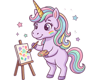 Cartoon unicorn painting on an easel with stars around