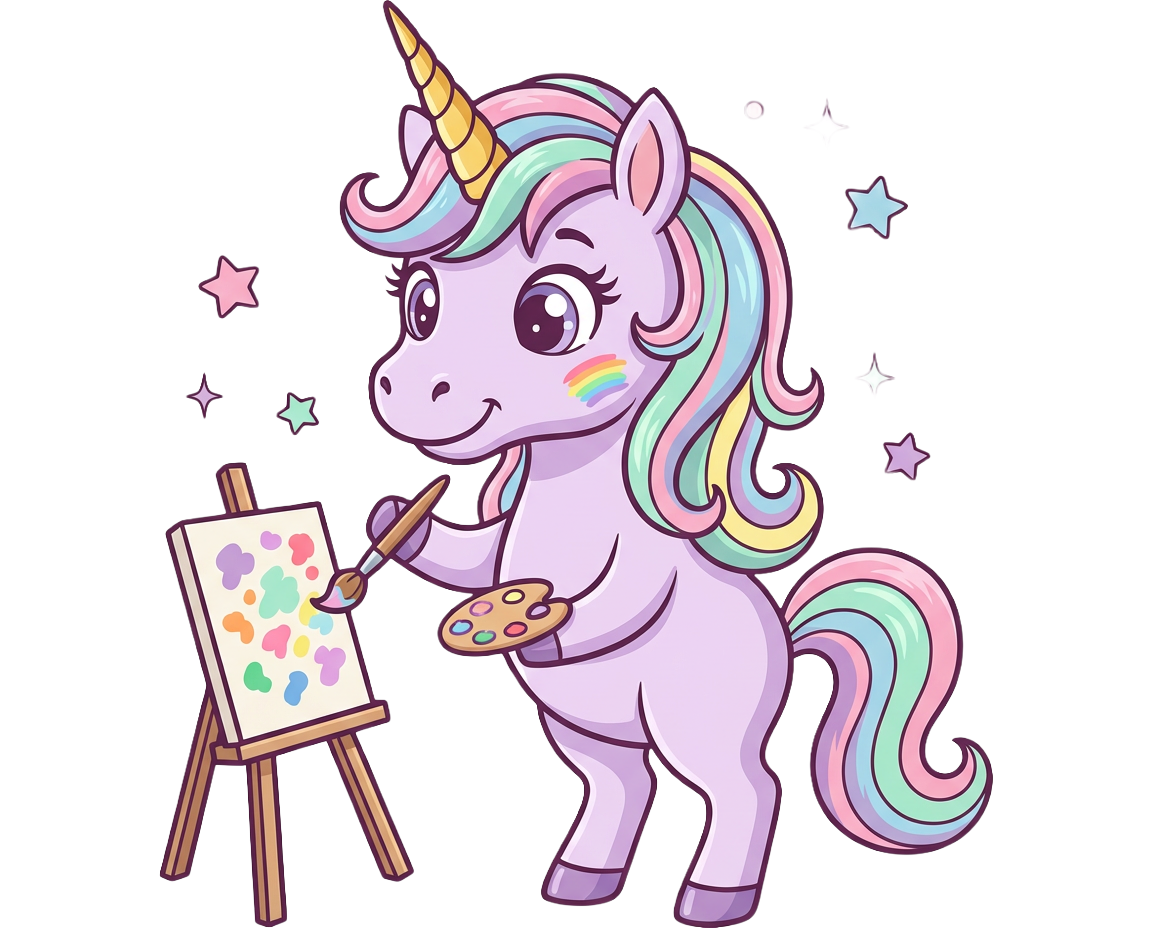 Cartoon unicorn painting on an easel with stars around