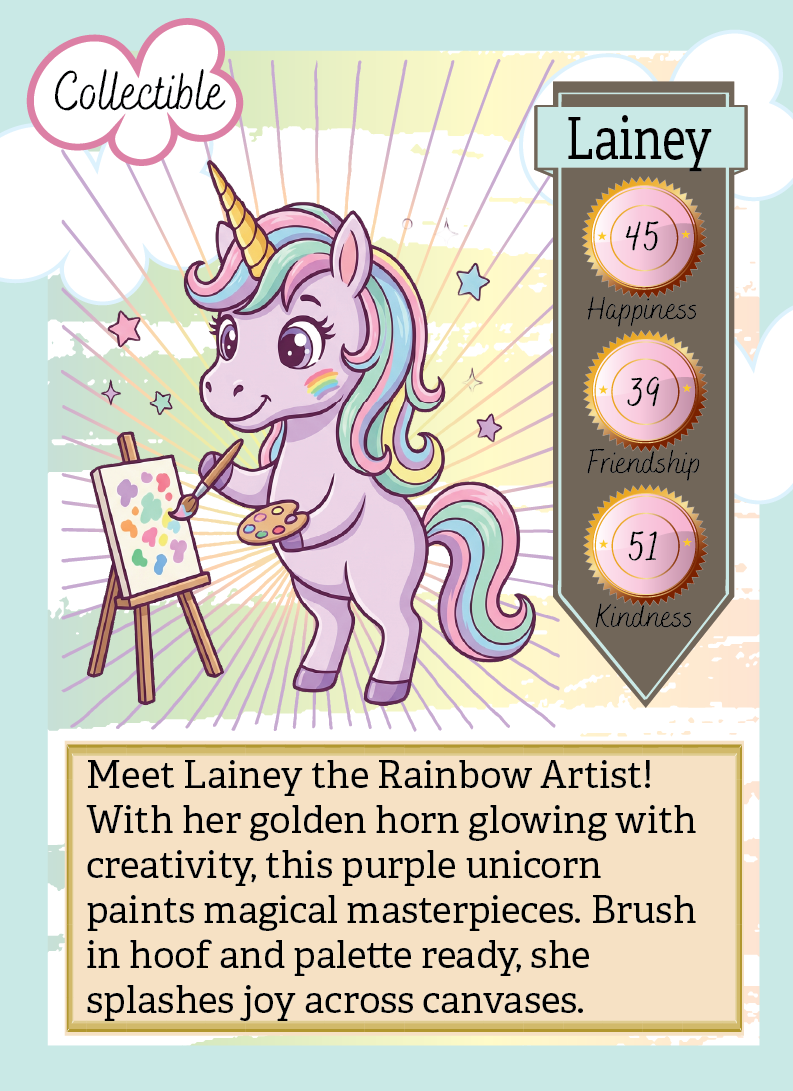 Collectible card featuring a purple unicorn named Lainey with rainbow hair, holding a paintbrush and palette.