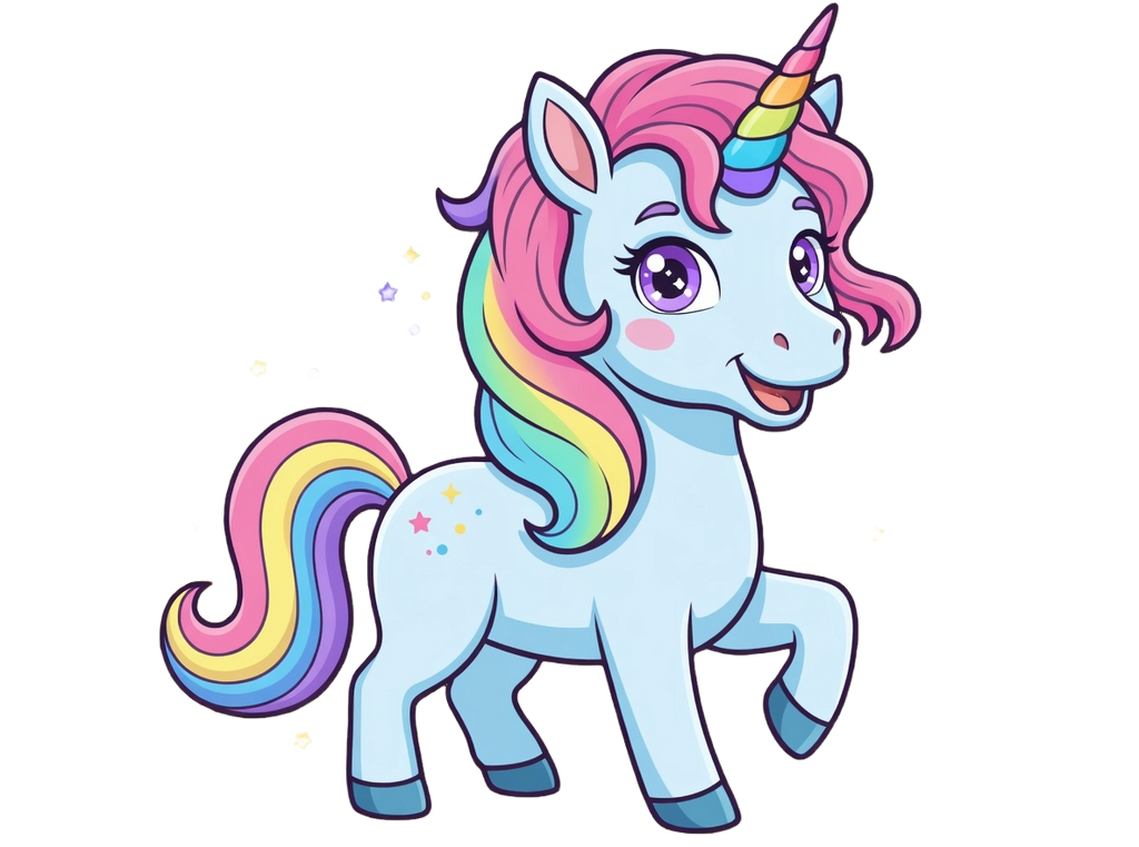 Cartoon unicorn with a rainbow mane and tail on a transparent background