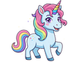 Cartoon unicorn with a rainbow mane and tail on a transparent background