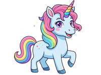 Cartoon unicorn with a rainbow mane and tail on a transparent background