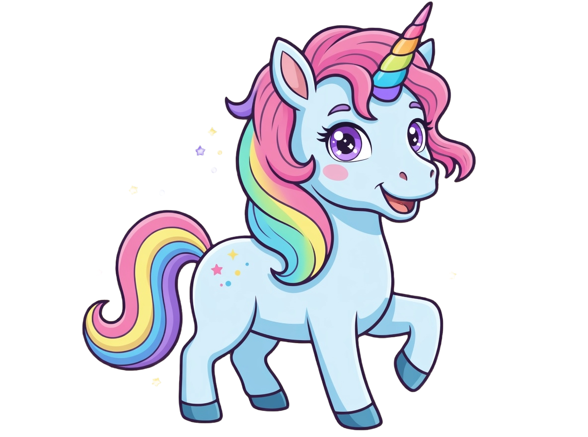 Cartoon unicorn with a rainbow mane and tail on a transparent background