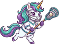 Cartoon unicorn playing lacrosse with a helmet and stick on a white background