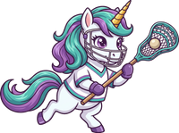Cartoon unicorn playing lacrosse with a helmet and stick on a white background