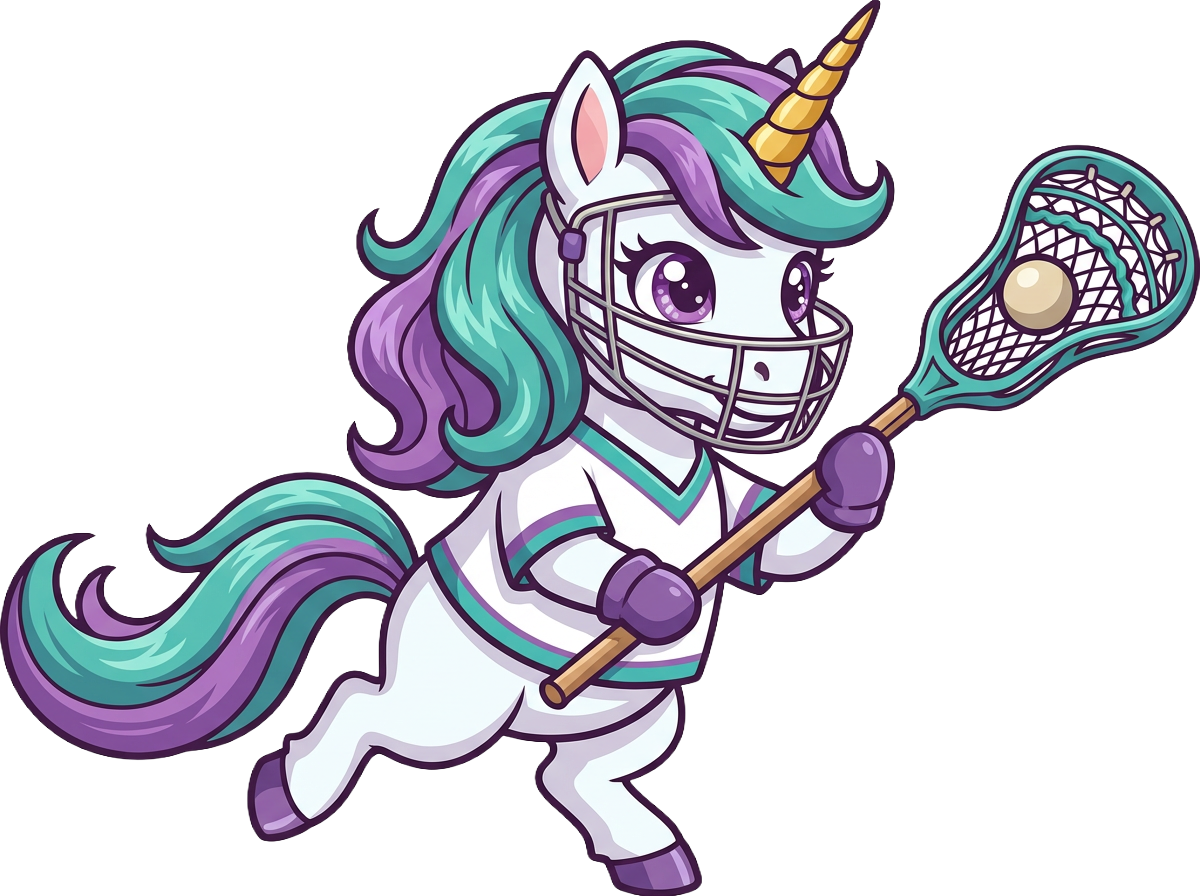 Cartoon unicorn playing lacrosse with a helmet and stick on a white background