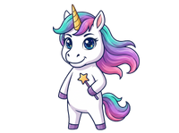 Cartoon unicorn with a colorful mane and tail on a white background