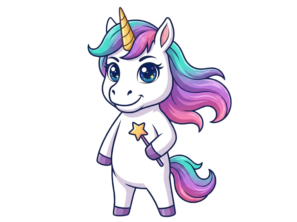 Cartoon unicorn with a colorful mane and tail on a white background