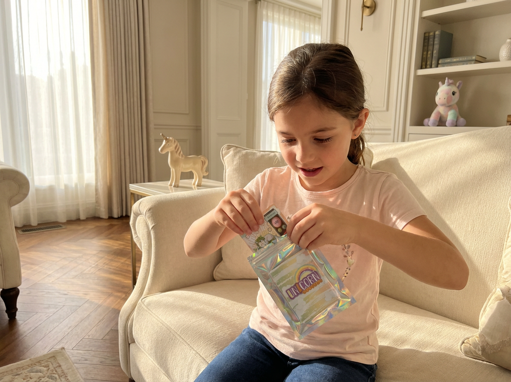 Young girl sitting on a couch in a living room, holding a colorful package.