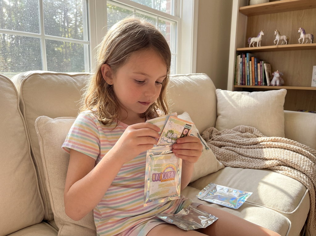 Young girl sitting on a couch holding a bag of snacks in a cozy living room.