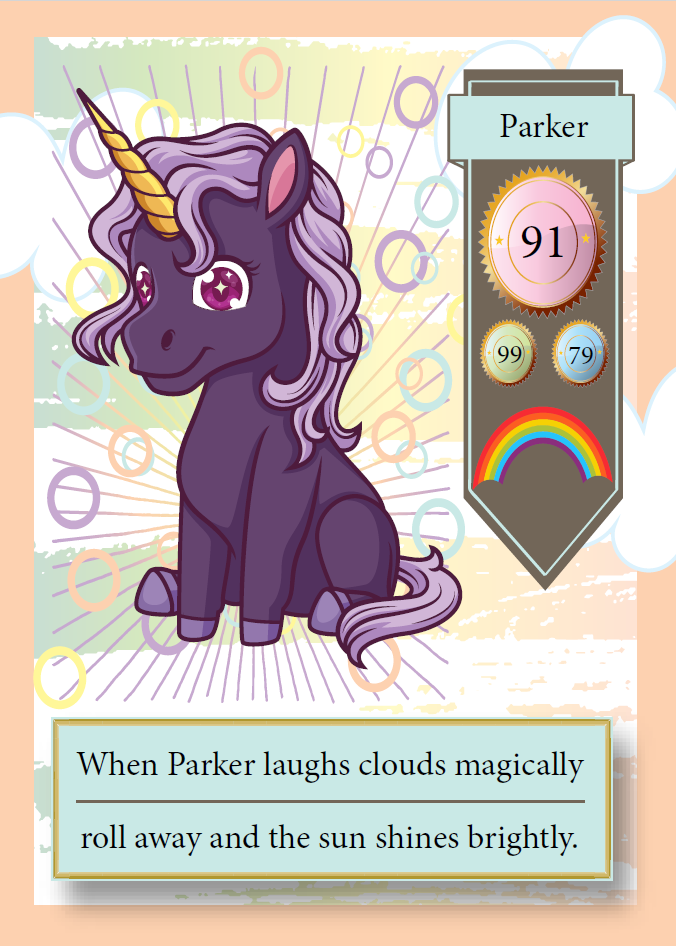 Card with a purple unicorn and a badge labeled 'Parker' on a colorful background