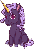 Cartoon unicorn with purple hair and a gold horn on a white background