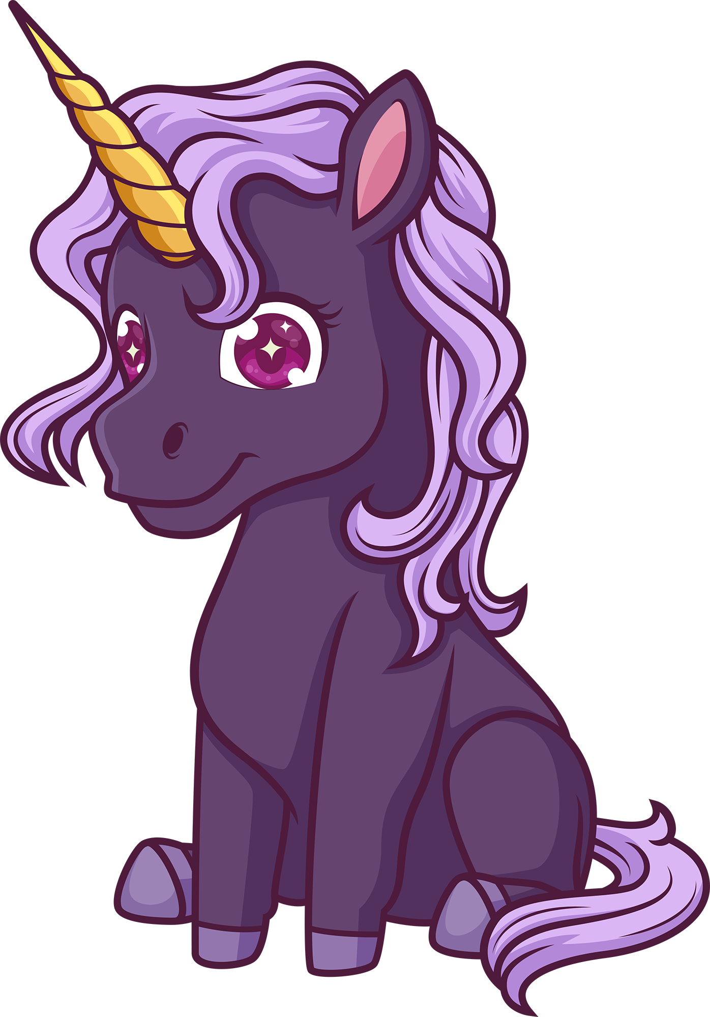 Cartoon unicorn with purple hair and a gold horn on a white background