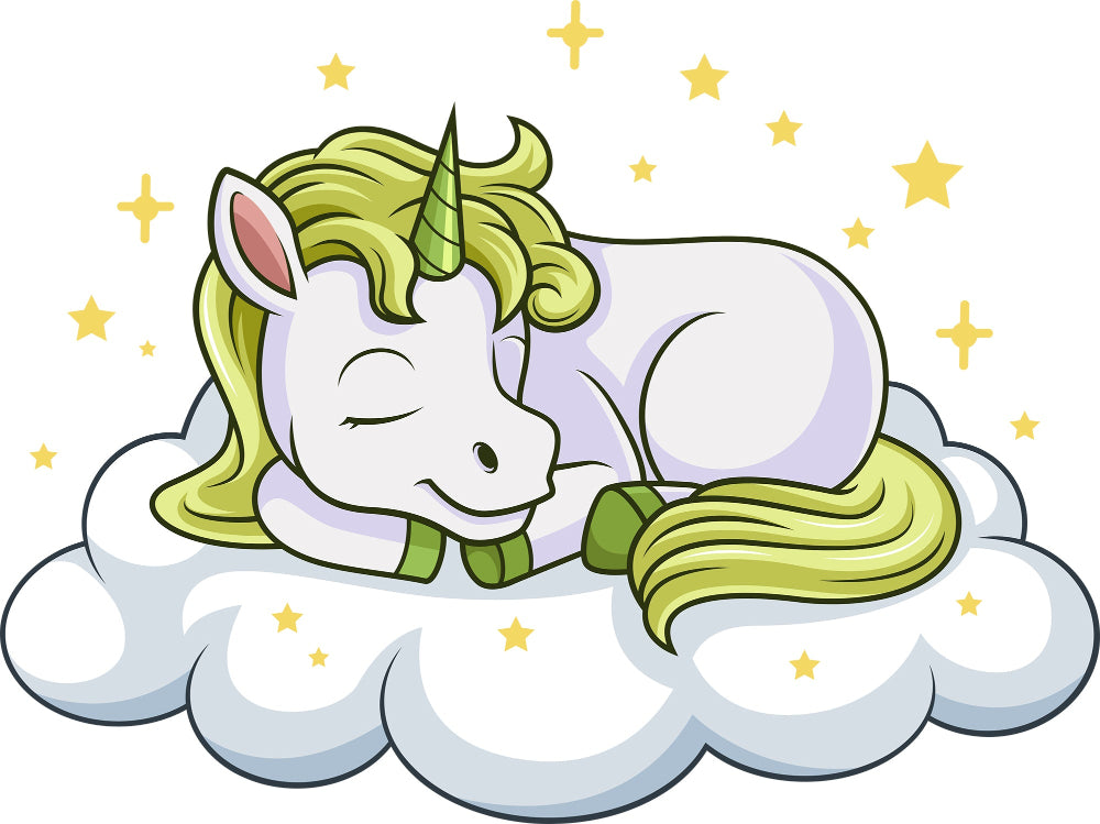 Cartoon unicorn with green mane and tail lying on a cloud with stars around