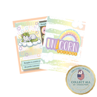 Image of unicorn trading cards with cartoon unicorns