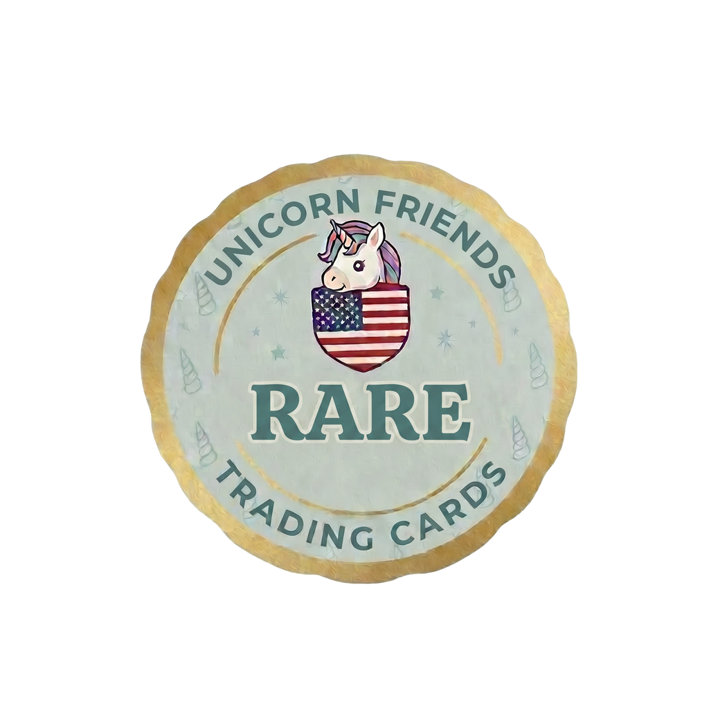 Round trading card with unicorn design and 'Unicorn Friends' text on a white background