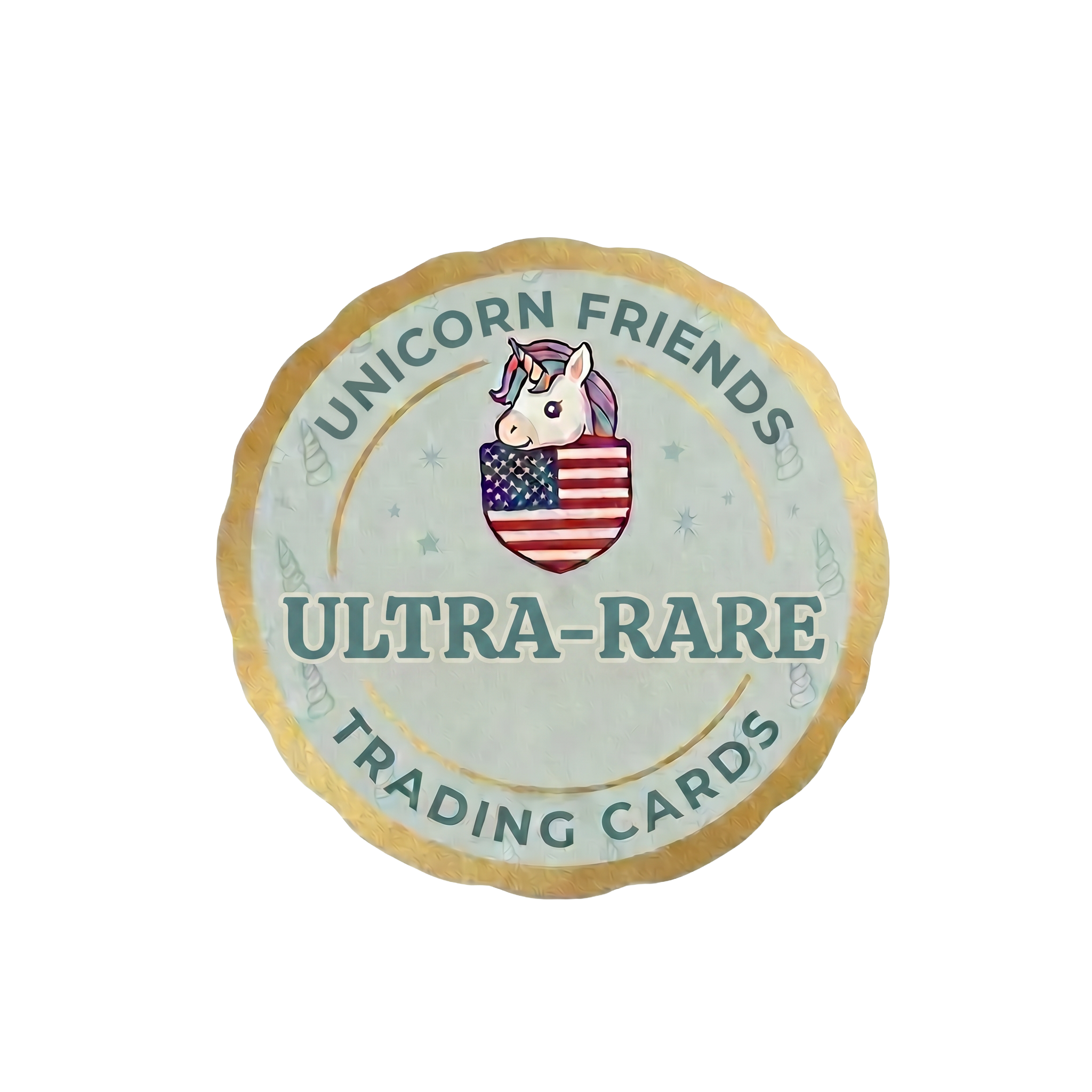 Round trading card with unicorn design and text on a white background