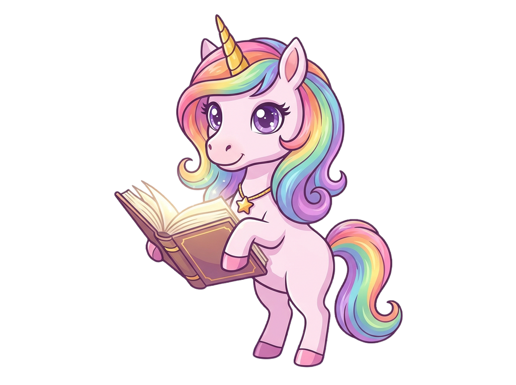 Cartoon unicorn with a rainbow mane and tail, holding an open book on a white background.
