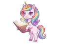 Cartoon unicorn with a rainbow mane and tail, holding an open book on a white background.