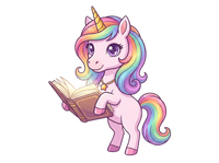 Cartoon unicorn with a rainbow mane and tail, holding an open book on a white background.