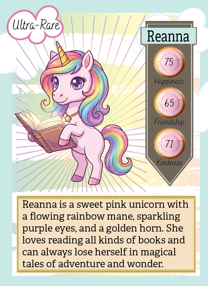 Card featuring a pink unicorn with rainbow mane and books, labeled 'Ultra-Rare Reanna'.