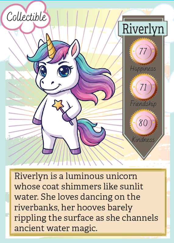Collectible card featuring a unicorn named Riverlyn with attributes and description.