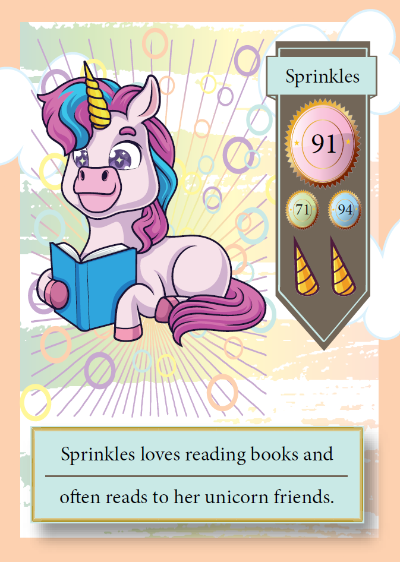 Cartoon unicorn reading a book with a badge labeled 'Sprinkles' on a colorful background.