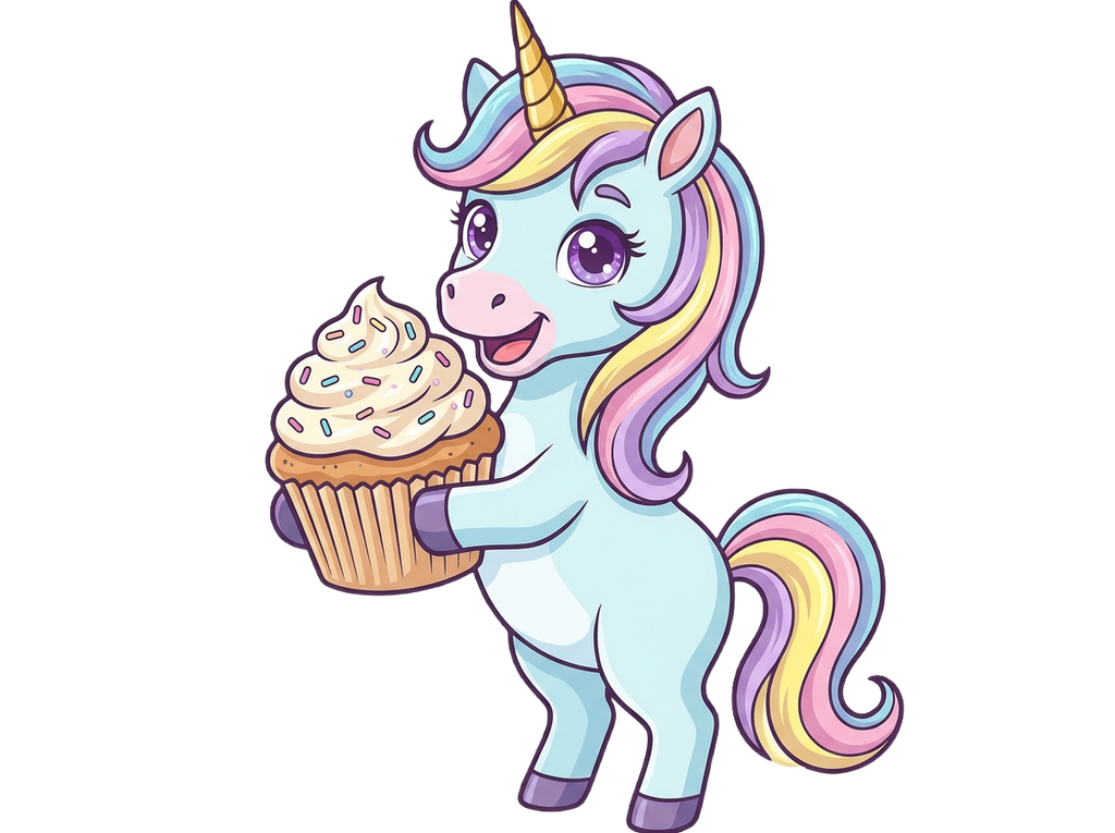 Cartoon unicorn holding a cupcake with a colorful mane on a white background