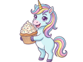 Cartoon unicorn holding a cupcake with a colorful mane on a white background