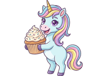 Cartoon unicorn holding a cupcake with a colorful mane on a white background