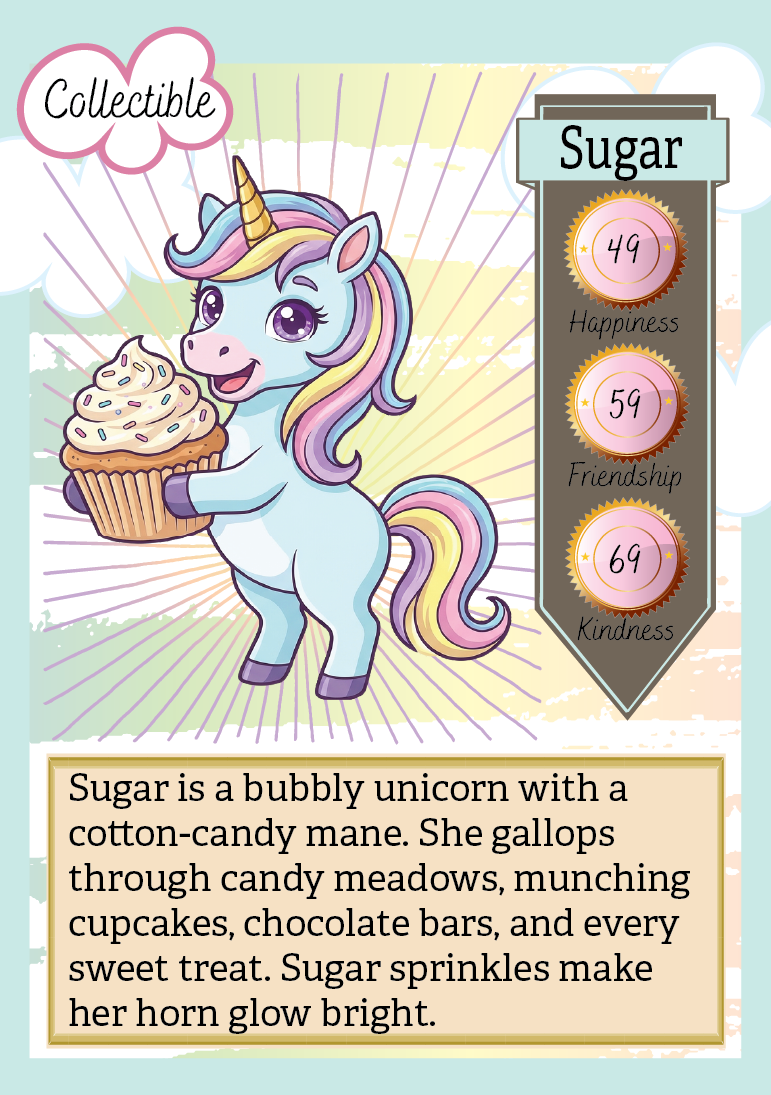 Cartoon unicorn holding a cupcake with character details on a colorful background