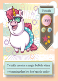 Card featuring a cartoon unicorn named Twinkle with colorful design elements.