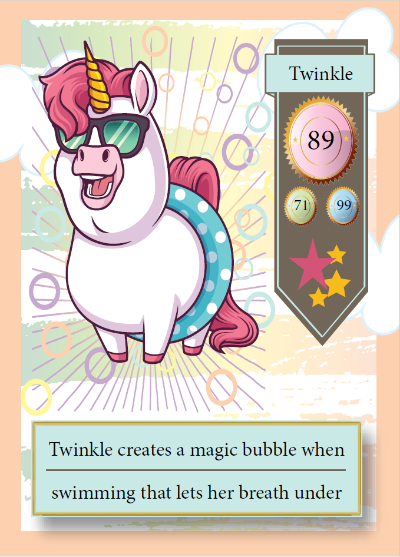 Card featuring a cartoon unicorn named Twinkle with colorful design elements.