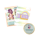 Unicorn trading cards with a cartoon unicorn and power ratings