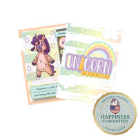 Unicorn trading cards with a cartoon unicorn and power ratings