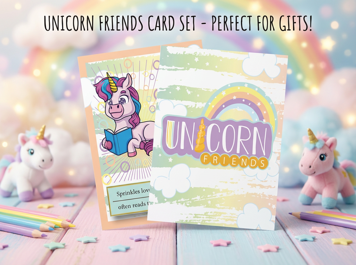 Unicorn-themed card set with colorful design and text 'Unicorn Friends' on a pastel background.
